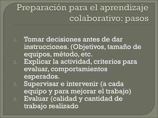 Tomar decisiones antes de dar instrucciones. (Objetivos, tamaño de equipos, método, etc. Explicar la actividad, criterios para evaluar, comportamientos esperados. Supervisar e intervenir (a cada equipo y para mejorar el trabajo) Evaluar (calidad y cantidad de trabajo realizado 