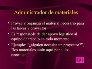 Administrador de materiales <ul><li>Provee y organiza el material necesario para las tareas y proyectos.  </li></ul><ul><l...