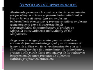 VENTAJAS DEL APRENDIZAJE.Realmente promueve la construcción de conocimiento porque obliga a activar el pensamiento individual, a buscar formas de investigar sea en forma independiente o en grupo, y promueve valores en forma semiconsciente como la cooperación, la responsabilidad, la comunicación, el trabajo en equipo, la autoevaluación individual y de los compañeros.