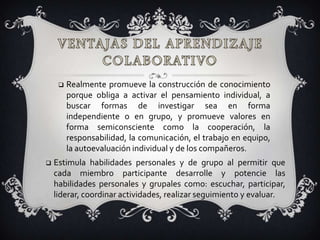 Ventajas del Aprendizaje Colaborativo Realmente promueve la construcción de conocimiento porque obliga a activar el pensamiento individual, a buscar formas de investigar sea en forma independiente o en grupo, y promueve valores en forma semiconsciente como la cooperación, la responsabilidad, la comunicación, el trabajo en equipo, la autoevaluación individual y de los compañeros.