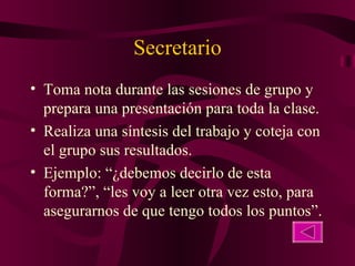 Secretario Toma nota durante las sesiones de grupo y prepara una presentación para toda la clase. Realiza una síntesis del trabajo y coteja con el grupo sus resultados. Ejemplo: “¿debemos decirlo de esta forma?”, “les voy a leer otra vez esto, para asegurarnos de que tengo todos los puntos”. 
