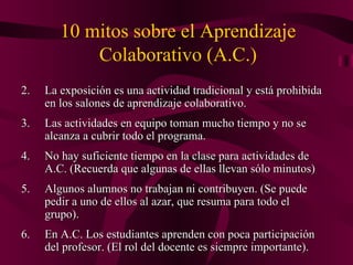 10 mitos sobre el Aprendizaje Colaborativo (A.C.) La exposición es una actividad tradicional y está prohibida en los salones de aprendizaje colaborativo. Las actividades en equipo toman mucho tiempo y no se alcanza a cubrir todo el programa. No hay suficiente tiempo en la clase para actividades de A.C. (Recuerda que algunas de ellas llevan sólo minutos) Algunos alumnos no trabajan ni contribuyen. (Se puede pedir a uno de ellos al azar, que resuma para todo el grupo). En A.C. Los estudiantes aprenden con poca participación del profesor. (El rol del docente es siempre importante). 