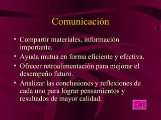 Comunicación Compartir materiales, información importante. Ayuda mutua en forma eficiente y efectiva. Ofrecer retroalimentación para mejorar el desempeño futuro. Analizar las conclusiones y reflexiones de cada uno para lograr pensamientos y resultados de mayor calidad. 