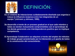 DEFINICIÓN:
Es un sistema de interacciones cuidadosamente diseñado que organiza e
   induce la influencia recíproca entre los integrantes de un
   equipo."(Johnson y Johnson, 1998).

Se desarrolla a través de un proceso gradual en el que cada miembro y
   todos se sienten mutuamente comprometidos con el aprendizaje de
   los demás generando una interdependencia positiva que no implique
   competencia.

El Aprendizaje Colaborativo se adquiere a través del empleo de métodos
   de trabajo grupal caracterizado por la interacción y el aporte de todos
   en la construcción del conocimiento.
 