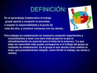 DEFINICIÓN:
En el aprendizaje Colaborativo el trabajo
 grupal apunta a compartir la autoridad,
a aceptar la responsabilidad y el punto de
vista del otro, a construir consenso con los demás.

Para trabajar en colaboración es necesario compartir experiencias y
   conocimientos y tener una clara meta grupal en la que la
   retroalimentación es esencial para el éxito de la empresa. "Lo que
   debe ser aprendido sólo puede conseguirse si el trabajo del grupo es
   realizado en colaboración. Es el grupo el que decide cómo realizar la
   tarea, qué procedimientos adoptar, cómo dividir el trabajo, las tareas a
   realizar.
 