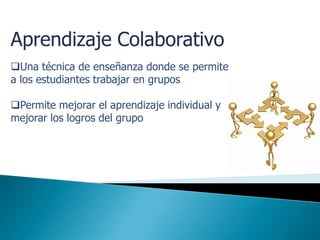 Aprendizaje Colaborativo
Una técnica de enseñanza donde se permite
a los estudiantes trabajar en grupos

Permite mejorar el aprendizaje individual y
mejorar los logros del grupo
 