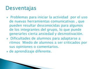     Problemas para iniciar la actividad por el uso
    de nuevas herramientas comunicativas , que
    pueden resultar desconocidas para algunos
    de los integrantes del grupo, lo que puede
    generarles cierta ansiedad y desmotivación.
    Dificultades de alumnos para adaptarse a
    ritmos Miedo de alumnos a ser criticados por
    sus opiniones o comentarios.
   de aprendizaje diferente.
 