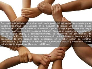 En cuanto a la satisfacción y el aumento de la productividad, se ha demostrado que el
trabajo colaborativo tiene ventajas en la ejecución de tareas. Esto se debe a que
mediante la colaboración aumenta la motivación por el trabajo al propiciarse una mayor
cercanía y apertura entre los miembros del grupo. Además se incrementa la satisfacción
por el trabajo propio, y consecuentemente, se favorecen los sentimientos de
autoeficiencia. Por otro lado, se impulsa el desarrollo de habilidades sociales al exigir la
aceptación de otra persona como cooperante en la labor común de construir
conocimientos, y al valorar a los demás como fuente para evaluar y desarrollar nuevas
estrategias de aprendizaje (Tennison,Latt,Dreves)
 