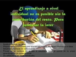 - Ayuda a clarificar las ideas
- Proporciona oportunidades para que los estudiantes adquieran información e ideas
- Desarrolla destrezas de comunicación
- Provee de un contexto en el que el estudiante toma el control de su propio
  aprendizaje en un contexto social
- Da validación a las ideas individuales
 