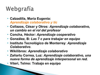    Calzadilla, María Eugenia:
    Aprendizaje colaborativo y tic
   Collazos, César y Otros: Aprendizaje colaborativo,
    un cambio en el rol del profesor
   Concha, Héctor: Aprendizaje cooperativo
   González, B: Las 7 c para trabajar en equipo
   Instituto Tecnológico de Monterrey: Aprendizaje
    Colaborativo.
   Wikilibros: Aprendizaje colaborativo
   Zañartu Correa, Luz: Aprendizaje colaborativo, una
    nueva forma de aprendizaje interpersonal en red.
   Viteri, Telmo: Trabajo en equipo
 