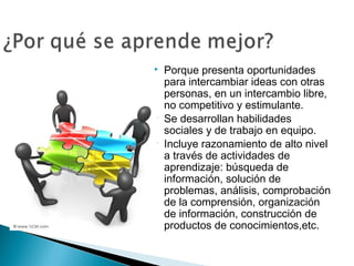    Porque presenta oportunidades
    para intercambiar ideas con otras
    personas, en un intercambio libre,
    no competitivo y estimulante.
   Se desarrollan habilidades
    sociales y de trabajo en equipo.
   Incluye razonamiento de alto nivel
    a través de actividades de
    aprendizaje: búsqueda de
    información, solución de
    problemas, análisis, comprobación
    de la comprensión, organización
    de información, construcción de
    productos de conocimientos,etc.
 