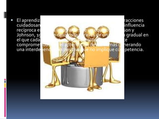  El aprendizaje colaborativo es "...un sistema de interacciones
  cuidadosamente diseñado que organiza e induce la influencia
  recíproca entre los integrantes de un equipo."(Johnson y
  Johnson, 1998). Se desarrolla a través de un proceso gradual en
  el que cada miembro y todos se sienten mutuamente
  comprometidos con el aprendizaje de los demás generando
  una interdependencia positiva que no implique competencia.
 