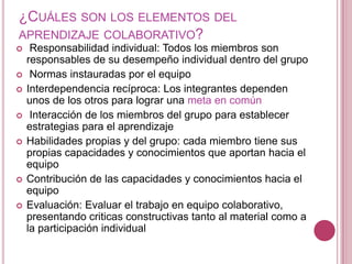 ¿CUÁLES SON LOS ELEMENTOS DEL
APRENDIZAJE COLABORATIVO?
    Responsabilidad individual: Todos los miembros son
    responsables de su desempeño individual dentro del grupo
    Normas instauradas por el equipo
   Interdependencia recíproca: Los integrantes dependen
    unos de los otros para lograr una meta en común
    Interacción de los miembros del grupo para establecer
    estrategias para el aprendizaje
   Habilidades propias y del grupo: cada miembro tiene sus
    propias capacidades y conocimientos que aportan hacia el
    equipo
   Contribución de las capacidades y conocimientos hacia el
    equipo
   Evaluación: Evaluar el trabajo en equipo colaborativo,
    presentando criticas constructivas tanto al material como a
    la participación individual
 