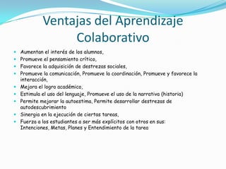Ventajas del Aprendizaje
Colaborativo
 Aumentan el interés de los alumnos,
 Promueve el pensamiento crítico,
 Favorece la adquisición de destrezas sociales,
 Promueve la comunicación, Promueve la coordinación, Promueve y favorece la
interacción,
 Mejora el logro académico,
 Estimula el uso del lenguaje, Promueve el uso de la narrativa (historia)
 Permite mejorar la autoestima, Permite desarrollar destrezas de
autodescubrimiento
 Sinergia en la ejecución de ciertas tareas,
 Fuerza a los estudiantes a ser más explícitos con otros en sus:
Intenciones, Metas, Planes y Entendimiento de la tarea
 