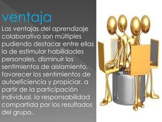 ventaja
Las ventajas del aprendizaje
colaborativo son múltiples
pudiendo destacar entre ellas
la de estimular habilidades
personales, disminuir los
sentimientos de aislamiento,
favorecer los sentimientos de
autoeficiencia y propiciar, a
partir de la participación
individual, la responsabilidad
compartida por los resultados
del grupo.
 