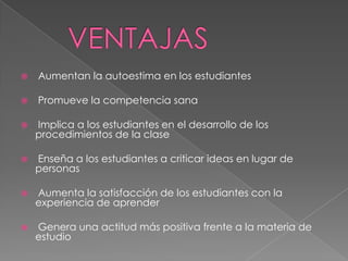  Aumentan la autoestima en los estudiantes
 Promueve la competencia sana
 Implica a los estudiantes en el desarrollo de los
procedimientos de la clase
 Enseña a los estudiantes a criticar ideas en lugar de
personas
 Aumenta la satisfacción de los estudiantes con la
experiencia de aprender
 Genera una actitud más positiva frente a la materia de
estudio
 
