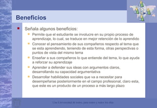 Una Universidad de todos, para todos y todos los días
Beneficios
 Señala algunos beneficios:
 Permite que el estudiante se involucre en su propio proceso de
aprendizaje, lo cual, se traduce en mejor retención de lo aprendido
 Conocer el pensamiento de sus compañeros respecto al tema que
se esta aprendiendo, teniendo de esta forma, otras perspectivas o
puntos de vista del mismo tema
 Enseñar a sus compañeros lo que entiende del tema, lo que ayuda
a reforzar su aprendizaje
 Aprender a defender sus ideas con argumentos claros,
desarrollando su capacidad argumentativa
 Desarrollar habilidades sociales que va a necesitar para
desempeñarse posteriormente en el campo profesional, claro esta,
que este es un producto de un proceso a más largo plazo
 