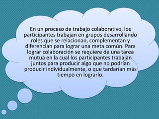 En un proceso de trabajo colaborativo, los
participantes trabajan en grupos desarrollando
roles que se relacionan, complementan y
diferencian para lograr una meta común. Para
lograr colaboración se requiere de una tarea
mutua en la cual los participantes trabajan
juntos para producir algo que no podrían
producir individualmente, o que tardarían más
tiempo en lograrlo.
 