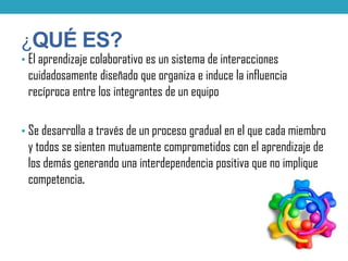 ¿QUÉ ES?
• El aprendizaje colaborativo es un sistema de interacciones
cuidadosamente diseñado que organiza e induce la influencia
recíproca entre los integrantes de un equipo
• Se desarrolla a través de un proceso gradual en el que cada miembro
y todos se sienten mutuamente comprometidos con el aprendizaje de
los demás generando una interdependencia positiva que no implique
competencia.
 