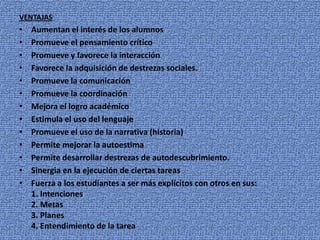 VENTAJAS
• Aumentan el interés de los alumnos
• Promueve el pensamiento crítico
• Promueve y favorece la interacción
• Favorece la adquisición de destrezas sociales.
• Promueve la comunicación
• Promueve la coordinación
• Mejora el logro académico
• Estimula el uso del lenguaje
• Promueve el uso de la narrativa (historia)
• Permite mejorar la autoestima
• Permite desarrollar destrezas de autodescubrimiento.
• Sinergia en la ejecución de ciertas tareas
• Fuerza a los estudiantes a ser más explícitos con otros en sus:
1. Intenciones
2. Metas
3. Planes
4. Entendimiento de la tarea
 