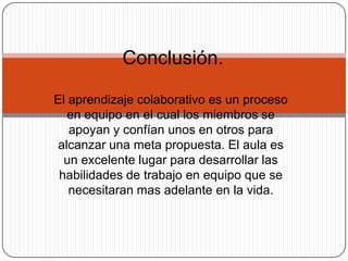 El aprendizaje colaborativo es un proceso
en equipo en el cual los miembros se
apoyan y confían unos en otros para
alcanzar una meta propuesta. El aula es
un excelente lugar para desarrollar las
habilidades de trabajo en equipo que se
necesitaran mas adelante en la vida.
Conclusión.
 
