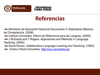Referencias
Ministerio de Educación Nacional Documento 3: Estándares Básicos
de Competencia. (2006)
Instituto Cervantes. Marco de Referencia para las Lenguas. (2002)
J Richards and T Rogers. Approaches and Methods in Language
Teaching. (2004)
David Nunan. Collaborative Language Learning and Teaching. (1993)
Centro Virtual Cervantes. http://cvc.cervantes.es/

 