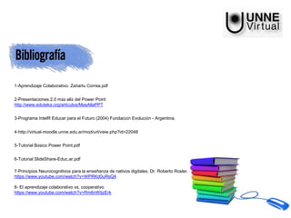 1-Aprendizaje Colaborativo. Zañartu Correa.pdf
2-Presentaciones 2.0 más allá del Power Point
http://www.eduteka.org/articulos/MasAllaPPT
3-Programa IntelR Educar para el Futuro (2004) Fundación Evolución - Argentina.
4-http://virtual-moodle.unne.edu.ar/mod/url/view.php?id=22048
5-Tutorial Básico Power Point.pdf
6-Tutorial SlideShare-Educ.ar.pdf
7-Principios Neurocognitivos para la enseñanza de nativos digitales. Dr. Roberto Rosler. Neurociencias
https://www.youtube.com/watch?v=WPRKd0uRsQ4
8- El aprendizaje colaborativo vs. cooperativo
https://www.youtube.com/watch?v=Rm6nWIjzErk
 