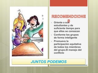  Oriente a sus
estudiantes y de
suficiente tiempo para
que ellos se conozcan
 Conforme los grupos
de forma inteligente
 Promueva la
participación equitativa
de todos los miembros
del grupo.El manejo del
conflicto
JUNTOS PODEMOS
 