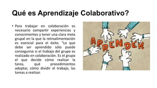 Qué es Aprendizaje Colaborativo?
• Para trabajar en colaboración es
necesario compartir experiencias y
conocimientos y tener una clara meta
grupal en la que la retroalimentación
es esencial para el éxito. "Lo que
debe ser aprendido sólo puede
conseguirse si el trabajo del grupo es
realizado en colaboración. Es el grupo
el que decide cómo realizar la
tarea,
qué
procedimientos
adoptar, cómo dividir el trabajo, las
tareas a realizar.

 