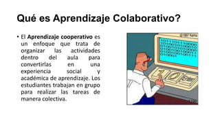 Qué es Aprendizaje Colaborativo?
• El Aprendizaje cooperativo es
un enfoque que trata de
organizar las actividades
dentro
del
aula
para
convertirlas
en
una
experiencia
social
y
académica de aprendizaje. Los
estudiantes trabajan en grupo
para realizar las tareas de
manera colectiva.

 