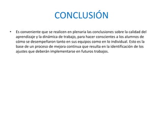 CONCLUSIÓN
• Es conveniente que se realicen en plenaria las conclusiones sobre la calidad del
aprendizaje y la dinámica de trabajo, para hacer conscientes a los alumnos de
cómo se desempeñaron tanto en sus equipos como en lo individual. Esto es la
base de un proceso de mejora continua que resulta en la identificación de los
ajustes que deberán implementarse en futuros trabajos.
 