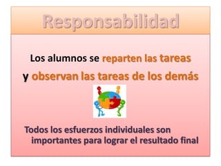 Responsabilidad
 Los alumnos se reparten las tareas
y observan las tareas de los demás



Todos los esfuerzos individuales son
  importantes para lograr el resultado final
 