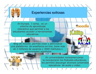 Experiencias exitosas


      En Europa, I camp, es un
        entorno de aprendizaje
     interactivo que permite a los
 estudiantes acceder a herramientas
              educativas.



  Blog de moodle, permite crear y administrar
una plataforma de enseñanza on-line, tiene más
  de 2 millones de usuarios y 3000 institutos y
            universidades españolas.

                              En universidades norteamericanas
                           la incorporaron los Podcasts educativos,
                          les permitió descargar diversos contenidos
                                 educativos de audio y video.
 