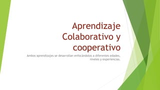 Aprendizaje
Colaborativo y
cooperativo
Ambos aprendizajes se desarrollan enfocándolos a diferentes edades,
niveles y experiencias.
 