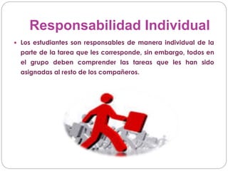 Responsabilidad Individual
 Los estudiantes son responsables de manera individual de la
parte de la tarea que les corresponde, sin embargo, todos en
el grupo deben comprender las tareas que les han sido
asignadas al resto de los compañeros.
 