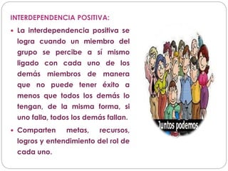 INTERDEPENDENCIA POSITIVA:
 La interdependencia positiva se
logra cuando un miembro del
grupo se percibe a sí mismo
ligado con cada uno de los
demás miembros de manera
que no puede tener éxito a
menos que todos los demás lo
tengan, de la misma forma, si
uno falla, todos los demás fallan.
 Comparten metas, recursos,
logros y entendimiento del rol de
cada uno.
 