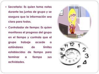  Secretario: Es quien toma notas
durante las juntas de grupo y se
asegura que la información sea
clara para todos.
 Controlador de tiempo: Es quien
monitorea el progreso del grupo
en el tiempo y controla que el
grupo trabaje acorde a
estándares de límites
establecidos de tiempo para
terminar a tiempo sus
actividades.
 