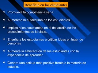  Promueve la competencia sana.
 Aumentan la autoestima en los estudiantes.
 Implica a los estudiantes en el desarrollo de los
procedimientos de la clase.
 Enseña a los estudiantes a criticar ideas en lugar de
personas
 Aumenta la satisfacción de los estudiantes con la
experiencia de aprender
 Genera una actitud más positiva frente a la materia de
estudio.
Beneficio en los estudiantes
 