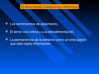  Los sentimientos de aislamiento.
 El temor a la crítica y a la retroalimentación.
 La permanencia de la persona como un ente pasivo
que solo capta información.
El Aprendizaje Colaborativo disminuye
 
