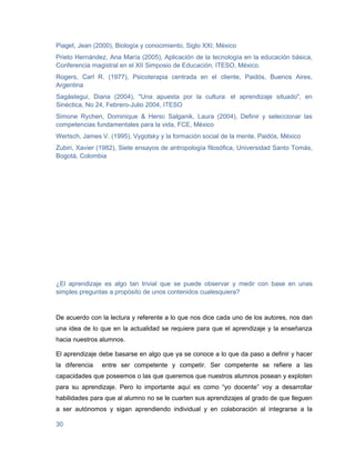 Piaget, Jean (2000), Biología y conocimiento, Siglo XXI, México
Prieto Hernández, Ana María (2005), Aplicación de la tecnología en la educación básica,
Conferencia magistral en el XII Simposio de Educación, ITESO, México.
Rogers, Carl R. (1977), Psicoterapia centrada en el cliente, Paidós, Buenos Aires,
Argentina
Sagástegui, Diana (2004), "Una apuesta por la cultura: el aprendizaje situado", en
Sinéctica, No 24, Febrero-Julio 2004, ITESO
Simone Rychen, Dominique & Hersc Salganik, Laura (2004), Definir y seleccionar las
competencias fundamentales para la vida, FCE, México
Wertsch, James V. (1995), Vygotsky y la formación social de la mente, Paidós, México
Zubiri, Xavier (1982), Siete ensayos de antropología filosófica, Universidad Santo Tomás,
Bogotá, Colombia




¿El aprendizaje es algo tan trivial que se puede observar y medir con base en unas
simples preguntas a propósito de unos contenidos cualesquiera?



De acuerdo con la lectura y referente a lo que nos dice cada uno de los autores, nos dan
una idea de lo que en la actualidad se requiere para que el aprendizaje y la enseñanza
hacia nuestros alumnos.

El aprendizaje debe basarse en algo que ya se conoce a lo que da paso a definir y hacer
la diferencia   entre ser competente y competir. Ser competente se refiere a las
capacidades que poseemos o las que queremos que nuestros alumnos posean y exploten
para su aprendizaje. Pero lo importante aquí es como “yo docente” voy a desarrollar
habilidades para que al alumno no se le cuarten sus aprendizajes al grado de que lleguen
a ser autónomos y sigan aprendiendo individual y en colaboración al integrarse a la

30
 