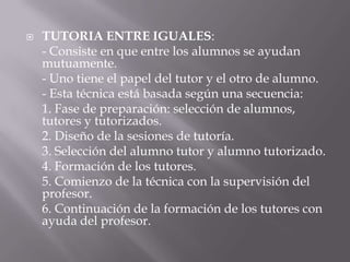    TUTORIA ENTRE IGUALES:
    - Consiste en que entre los alumnos se ayudan
    mutuamente.
    - Uno tiene el papel del tutor y el otro de alumno.
    - Esta técnica está basada según una secuencia:
    1. Fase de preparación: selección de alumnos,
    tutores y tutorizados.
    2. Diseño de la sesiones de tutoría.
    3. Selección del alumno tutor y alumno tutorizado.
    4. Formación de los tutores.
    5. Comienzo de la técnica con la supervisión del
    profesor.
    6. Continuación de la formación de los tutores con
    ayuda del profesor.
 