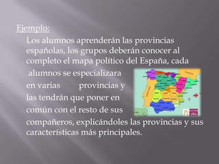 Ejemplo:
   Los alumnos aprenderán las provincias
   españolas, los grupos deberán conocer al
   completo el mapa político del España, cada
    alumnos se especializara
   en varias      provincias y
   las tendrán que poner en
   común con el resto de sus
   compañeros, explicándoles las provincias y sus
   características más principales.
 