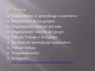   Como definir el aprendizaje cooperativo
   Distribución de los grupos
   Organización espacial del aula
   Organización interna del grupo
   Plan de Trabajo o de Equipo
   Técnicas de aprendizaje cooperativo
   Plan de trabajo
   Temporalización
   Webgrafía:
    http://organizacioninstituciones2011.blogspot.com/
 