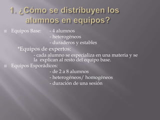    Equipos Base:    - 4 alumnos
                     - heterogéneos
                     - duraderos y estables
      *Equipos de expertos:
             - cada alumno se especializa en una materia y se
             la explican al resto del equipo base.
   Equipos Esporádicos:
                     - de 2 a 8 alumnos
                     - heterogéneos/ homogéneos
                     - duración de una sesión
 
