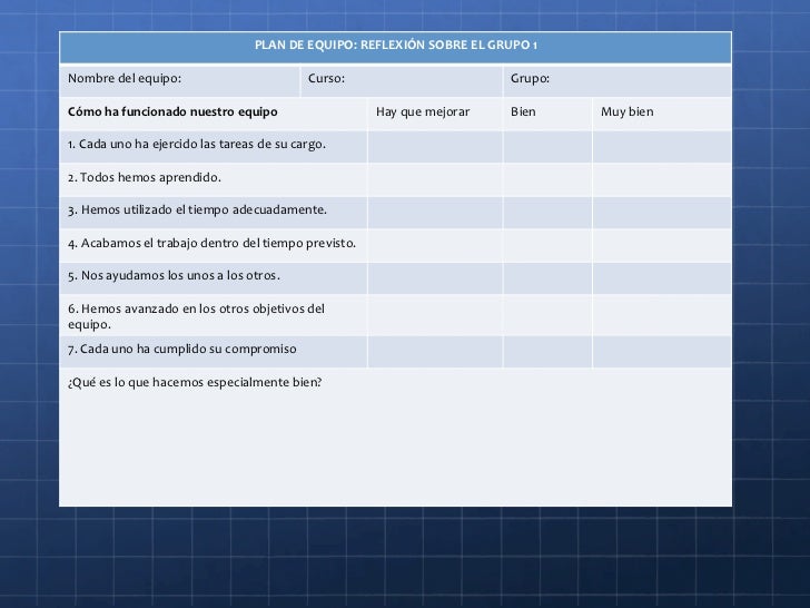 PLAN DE EQUIPO: REFLEXIÓN SOBRE EL GRUPO 1 Nombre del equipo:                          Curso:                       Grupo:...