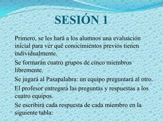 SESIÓN 1
Primero, se les hará a los alumnos una evaluación
inicial para ver qué conocimientos previos tienen
individualmente.
Se formarán cuatro grupos de cinco miembros
libremente.
Se jugará al Pasapalabra: un equipo preguntará al otro.
El profesor entregará las preguntas y respuestas a los
cuatro equipos.
Se escribirá cada respuesta de cada miembro en la
siguiente tabla:
 