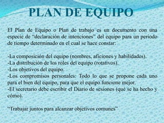 PLAN DE EQUIPO
El Plan de Equipo o Plan de trabajo es un documento con una
especie de “declaración de intenciones” del equipo para un periodo
de tiempo determinado en el cual se hace constar:

-La composición del equipo (nombres, aficiones y habilidades).
-La distribución de los roles del equipo (rotativos).
-Los objetivos del equipo.
-Los compromisos personales: Todo lo que se propone cada uno
para el bien del equipo, para que el equipo funcione mejor.
-El secretario debe escribir el Diario de sesiones (qué se ha hecho y
cómo).

“Trabajar juntos para alcanzar objetivos comunes”
 