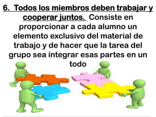 6. Todos los miembros deben trabajar y
      cooperar juntos. Consiste en
     proporcionar a cada alumno un
   elemento exclusivo del material de
   trabajo y de hacer que la tarea del
 grupo sea integrar esas partes en un
                  todo
 