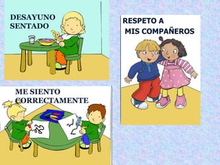 DESAYUNO 
SENTADO 
RESPETO A 
MIS COMPAÑEROS 
ME SIENTO 
CORRECTAMENTE 
 