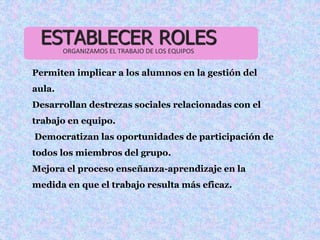 ESTABLECER ROLES 
ORGANIZAMOS EL TRABAJO DE LOS EQUIPOS 
Permiten implicar a los alumnos en la gestión del 
aula. 
Desarrollan destrezas sociales relacionadas con el 
trabajo en equipo. 
Democratizan las oportunidades de participación de 
todos los miembros del grupo. 
Mejora el proceso enseñanza-aprendizaje en la 
medida en que el trabajo resulta más eficaz. 
 